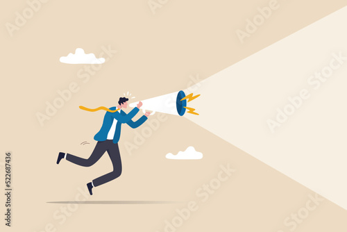 Announcement or storytelling, communication skill or shouting out loud, sending message or attention warning, speak or boss aggression concept, businessman boss shouting on megaphone or loudspeaker.