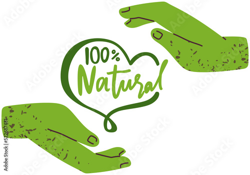 Natural, eco-friendly, organic product concept. Composed text, green ecology lettering, fresh produce isolated on white. Letters of inscription in human hand. Proper nutrition, eating healthy food