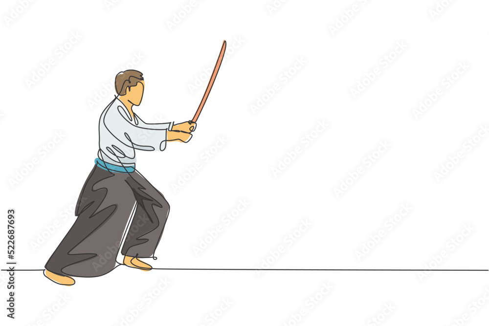 Single continuous line drawing of young sportive man wearing kimono practice aikido fighting technique with wooden sword. Japanese martial art concept. Trendy one line draw design vector illustration Single continuous line drawing of young sportive man wearing kimono practice aikido fighting technique with wooden sword. Japanese martial art concept. Trendy one line draw design vector illustration