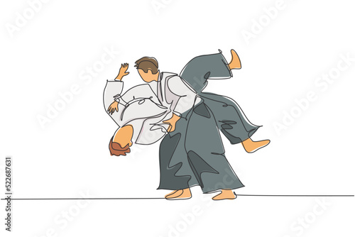 Single continuous line drawing of two young sportive man wearing kimono practice slamming in aikido fighting technique. Japanese martial art concept. Trendy one line draw design vector illustration photo