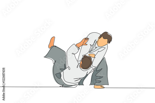 One single line drawing of two young energetic men wearing kimono exercise aikido throw technique in sport hall vector illustration. Healthy lifestyle sport concept. Modern continuous line draw design
