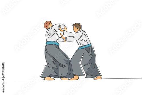 Single continuous line drawing of two young sportive man wearing kimono practice aikido fighting technique in dojo center. Japanese martial art concept. Trendy one line draw design vector illustration