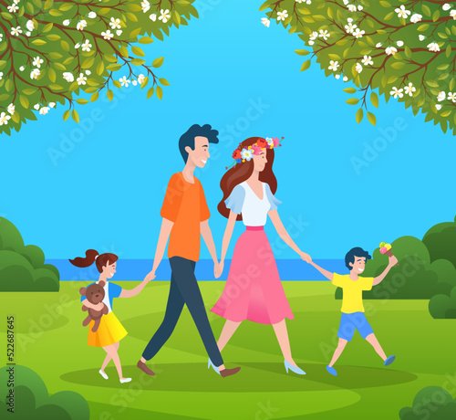 Father, mother, daughter and son walking outdoor. Happy family child spend time together. People walk summer day in city park with green trees. Friendly family leisure activity, joint pastime