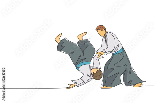 One single line drawing two young energetic men wearing kimono exercise aikido fighting in sports hall vector graphic illustration. Healthy lifestyle sport concept. Modern continuous line draw design