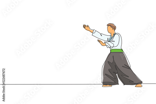 One single line drawing of young energetic man wearing kimono exercise aikido technique in sports hall vector graphic illustration. Healthy lifestyle sport concept. Modern continuous line draw design