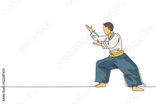 Single continuous line drawing young sportive man wearing kimono practice aikido fighting stance pose technique. Japanese martial art concept. Trendy one line draw design vector illustration graphic