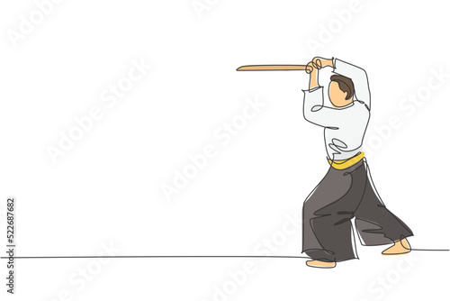 One single line drawing of young energetic man wearing kimono exercise aikido technique with wood sword in sport hall vector illustration. Healthy lifestyle sport concept. Continuous line draw design
