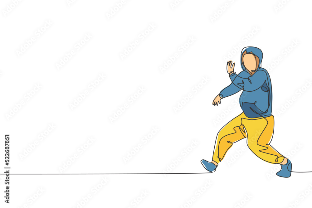 One single line drawing of young modern street dancer man with hoodie performing hip hop dance on the stage vector illustration graphic. Urban generation lifestyle concept. Continuous line draw design