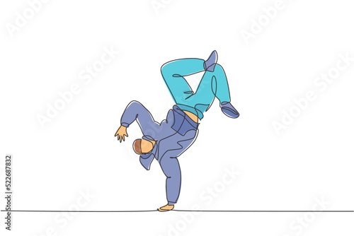 One single line drawing of young modern street dancer man with hoodie performing hip hop dance on the stage vector graphic illustration. Urban generation lifestyle concept. Continuous line draw design
