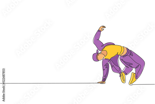 Single continuous line drawing of young energetic hip-hop dancer man on tracksuit practice break dancing in street. Urban generation lifestyle concept. Trendy one line draw design vector illustration