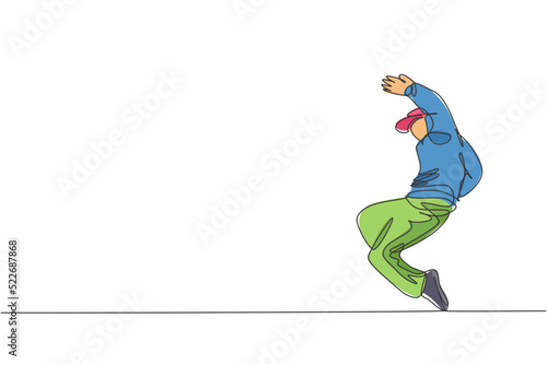 Single continuous line drawing of young energetic hip-hop dancer man on hoodie practice break dancing in street. Urban generation lifestyle concept. Trendy one line draw design vector illustration