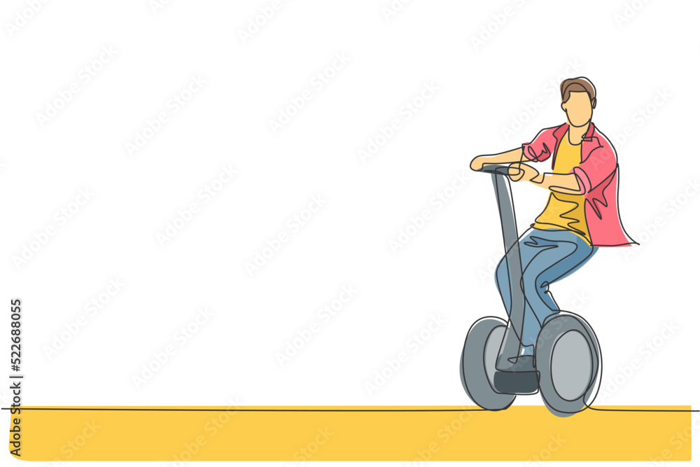 Single continuous line drawing of young happy man riding electric kick scooter at public area. Eco friendly transportation. Urban lifestyle concept. Trendy one line draw design vector illustration Single continuous line drawing of young happy man riding electric kick scooter at public area. Eco friendly transportation. Urban lifestyle concept. Trendy one line draw design vector illustration