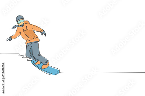 One continuous line drawing young sporty woman snowboarder riding snowboard in alps snowy powder mountain. Winter lifestyle sport concept. Dynamic single line draw design graphic vector illustration
