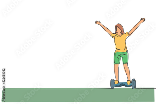One continuous line drawing of young happy woman stand and ride hoverboard at outdoor park. Green transportation. Future urban lifestyle concept. Dynamic single line draw design vector illustration