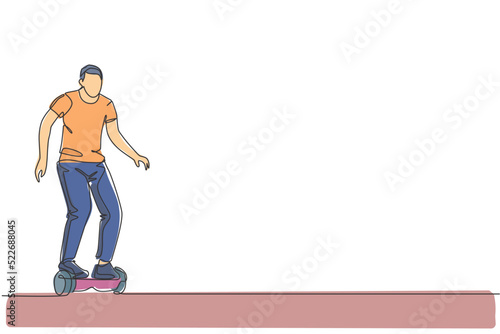 One single line drawing of young energetic man riding hoverboard at city park vector illustration. Future gyroscooter transport. Healthy lifestyle sport concept. Modern continuous line draw design