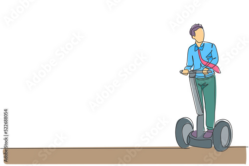 One single line drawing young energetic worker man riding two wheel balance to the office vector illustration. Future transport. Healthy lifestyle sport concept. Modern continuous line draw design