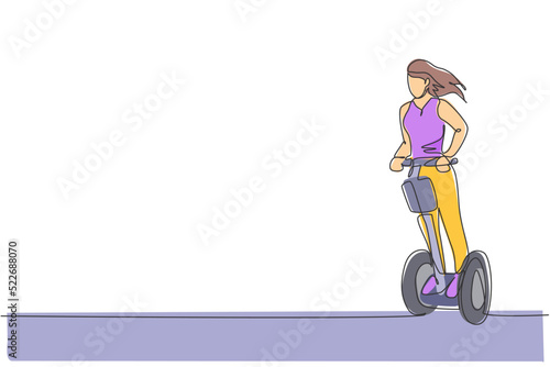One single line drawing of young energetic woman riding electric kick scooter at city park vector illustration. Future transport. Healthy lifestyle sport concept. Modern continuous line draw design