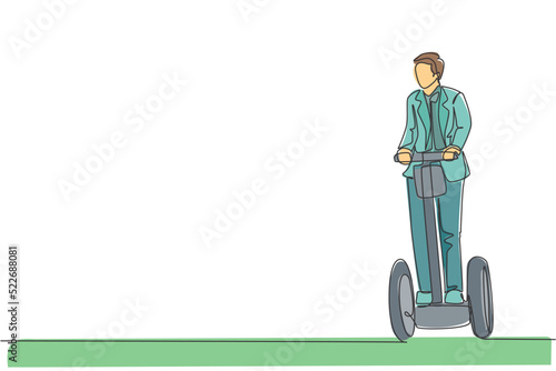 Single continuous line drawing young happy businessman riding kick scooter to the company. Eco friendly transportation. Urban lifestyle concept. Trendy one line draw graphic design vector illustration