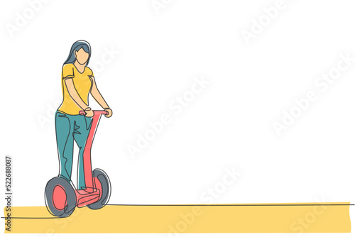 One continuous line drawing of young happy woman ride electric kick scooter at outdoor park. Green transportation. Future urban lifestyle concept. Dynamic single line draw design vector illustration