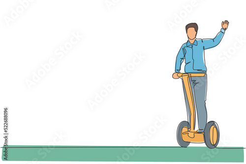 One single line drawing young energetic man riding electric two wheel balance at city park vector illustration. Future transporter. Healthy lifestyle sport concept. Modern continuous line draw design