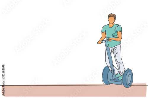 Single continuous line drawing young happy man riding kick scooter at public area. Green eco friendly transportation. Urban lifestyle concept. Trendy one line draw design graphic vector illustration