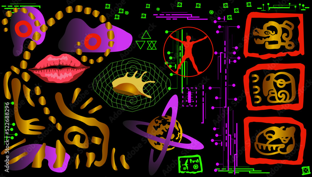 Conceptual illustration about man, space and ancient Maya and Toltec symbols