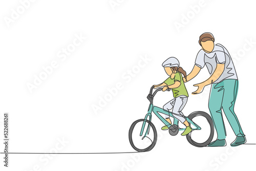 One single line drawing young father teaching his daughter riding bicycle at public park vector graphic illustration. Fatherhood lesson. Urban family time concept. Modern continuous line draw design