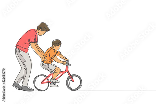 One continuous line drawing of young father help his boy kid learning to ride a bicycle at countryside together. Parenthood lesson concept. Dynamic single line draw design graphic vector illustration