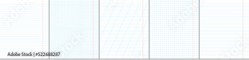 School notebook vertical paper sheets set with blue lines pattern. Page standart size templates.