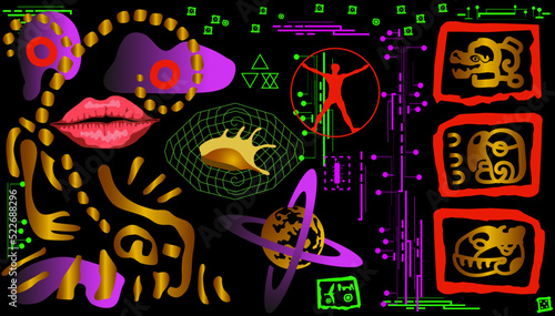 Conceptual illustration about man  space and ancient Maya and Toltec symbols
