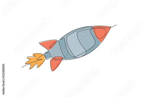 One single line drawing of simple vintage rocket takes off into the outer space vector graphic illustration. Exploration cosmos galactic with spaceship concept. Modern continuous line draw design