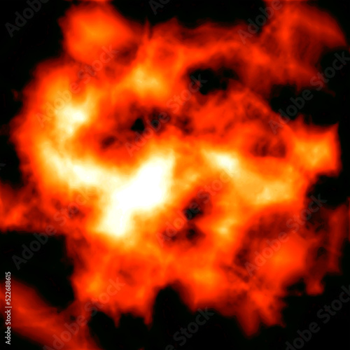 Cloud explosion. Realistic burning fire ball. Label with glow flame effect, isolated on black background. Illustration