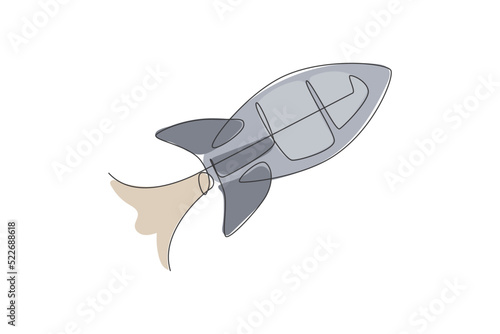 One continuous line drawing of simple retro spacecraft flying up to the outer space nebula. Rocket space ship launch into universe concept. Dynamic single line draw graphic design vector illustration
