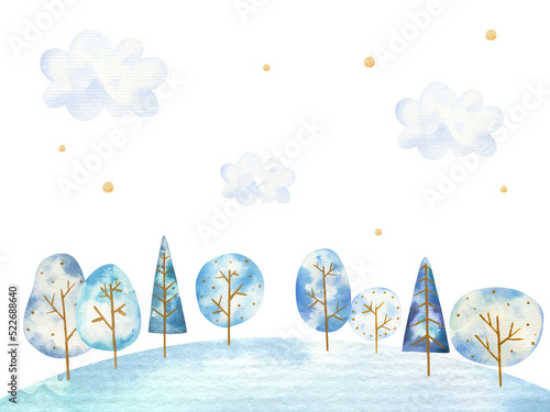 cute winter watercolor landscape, childish watercolor illustration, wall art with mountains, trees, houses, rainbow, stars