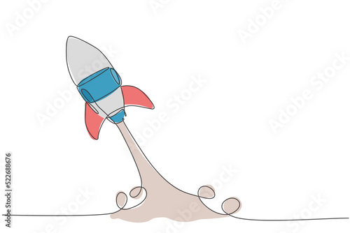 One continuous line drawing of simple retro spacecraft flying up to the outer space nebula. Rocket space ship launch into universe concept. Dynamic single line draw design vector graphic illustration