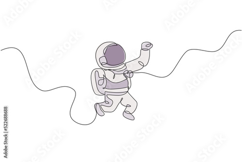 Single continuous line drawing of young cosmonaut scientist discovering spacewalk universe in vintage style. Astronaut cosmic traveler concept. Trendy one line draw design vector graphic illustration