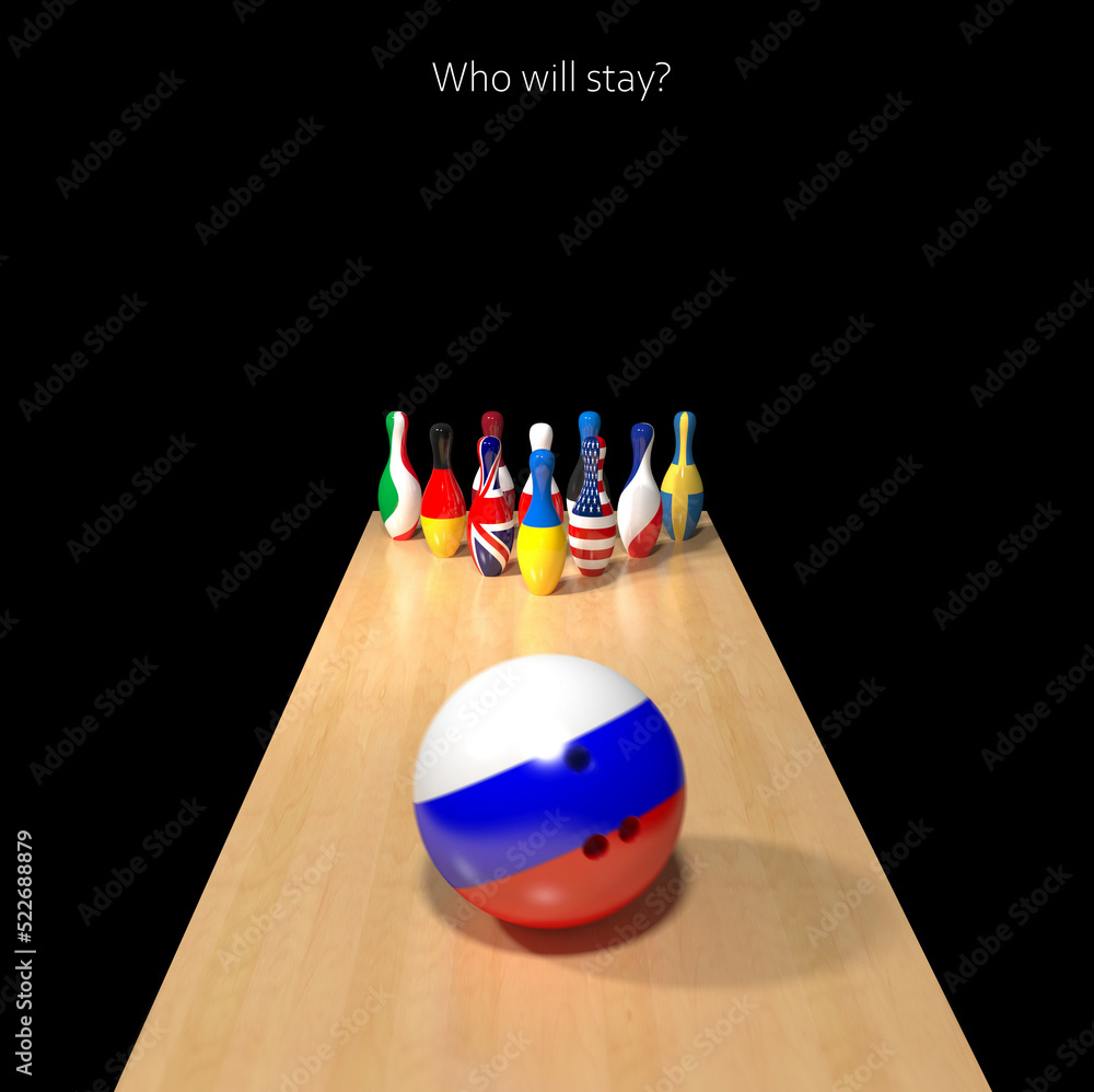 A moving bowling ball in the colors of the flag of the Russia breaks