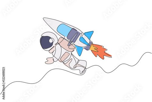Single continuous line drawing astronaut in spacesuit flying at outer space with jetpack rocket spacecraft. Science milky way astronomy concept. Trendy one line draw design vector illustration graphic
