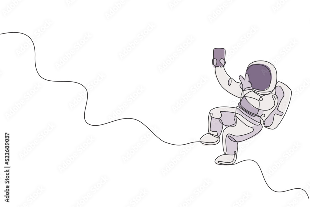 Single continuous line drawing of floating science astronaut in spacewalk pose selfie using smartphone. Fantasy deep space exploration, fiction concept. Trendy one line draw design vector illustration Single continuous line drawing of floating science astronaut in spacewalk pose selfie using smartphone. Fantasy deep space exploration, fiction concept. Trendy one line draw design vector illustration