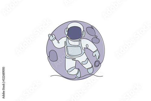 Single continuous line drawing of floating science astronaut in spacewalk flying against full moon. Fantasy deep space exploration, fiction concept. Trendy one line draw design vector illustration