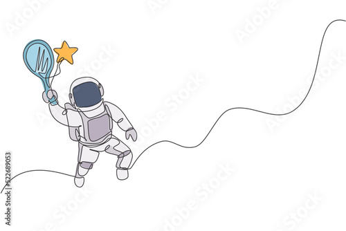 Single continuous line drawing of floating science astronaut in spacewalk hitting star using racket. Fantasy deep space exploration, fiction concept. Trendy one line draw design vector illustration