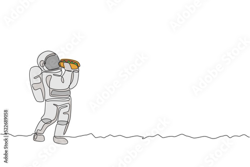 One continuous line drawing of cosmonaut eating spicy hot dog in galactic universe. Fantasy outer space astronaut life concept. Dynamic single line draw design graphic vector illustration