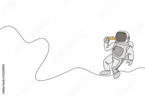 One single line drawing of astronaut flying in cosmos galaxy while eating sweet milk chocolate bar graphic vector illustration. Fantasy outer space life concept. Modern continuous line draw design
