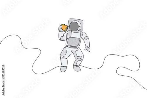 One single line drawing of astronaut flying in cosmos galaxy while eating fresh sandwich graphic vector illustration. Fantasy outer space life concept. Modern continuous line draw design