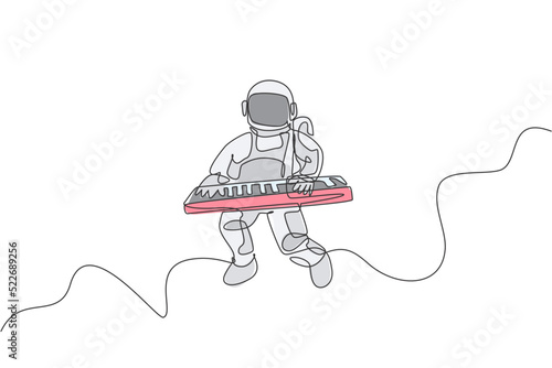 Single continuous line drawing of astronaut keyboardist playing keyboard musical instrument in cosmic galaxy. Deep space music concert concept. Trendy one line draw graphic design vector illustration