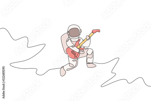 One continuous line drawing of astronaut with spacesuit playing acoustic guitar in galaxy universe. Outer space music concert concept. Dynamic single line draw design vector illustration graphic