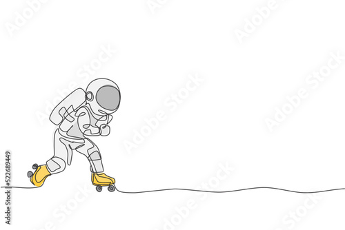 One continuous line drawing of astronaut using roller skates on moon surface, deep space galaxy. Spaceman healthy fitness sport concept. Dynamic single line draw design vector graphic illustration