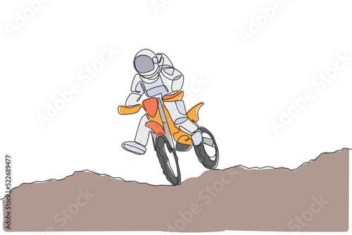 One single line drawing spaceman astronaut practicing motocross in cosmic galaxy vector illustration. Healthy outer space cosmonaut lifestyle sport concept. Modern continuous line graphic draw design