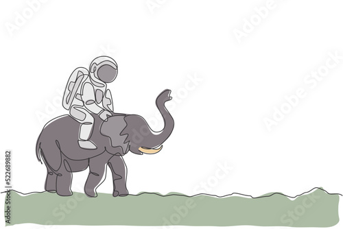 Single continuous line drawing of cosmonaut with spacesuit riding Asian elephant, wild animal in moon surface. Fantasy astronaut safari journey concept. Trendy one line draw design vector illustration