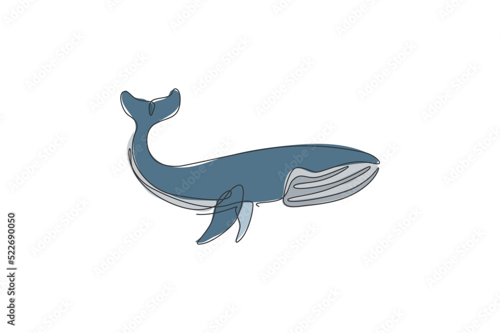 One single line drawing of giant blue whale vector illustration. Protected species in pacific ocean. Gigantic underwater creature concept. Modern continuous line graphic draw design One single line drawing of giant blue whale vector illustration. Protected species in pacific ocean. Gigantic underwater creature concept. Modern continuous line graphic draw design